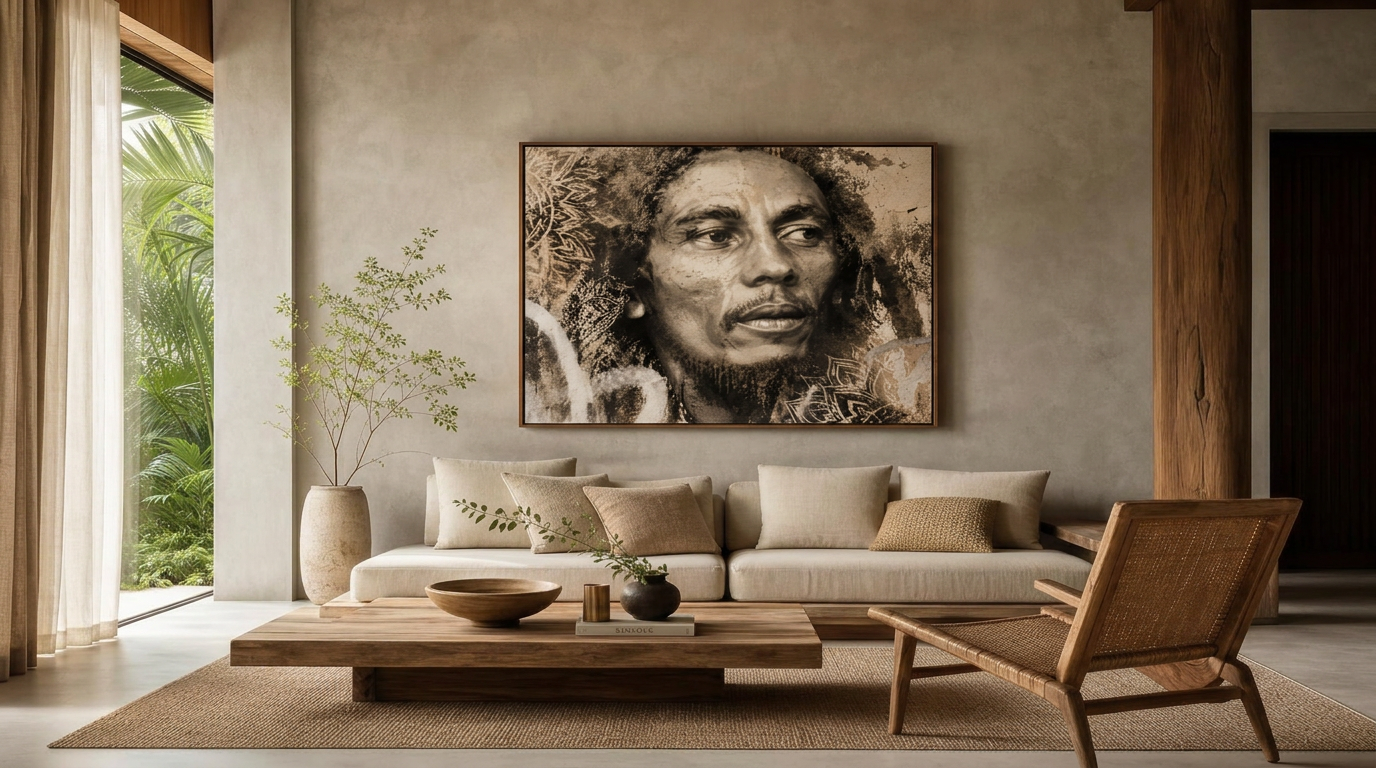 Japandi interior with framed portrait artwork