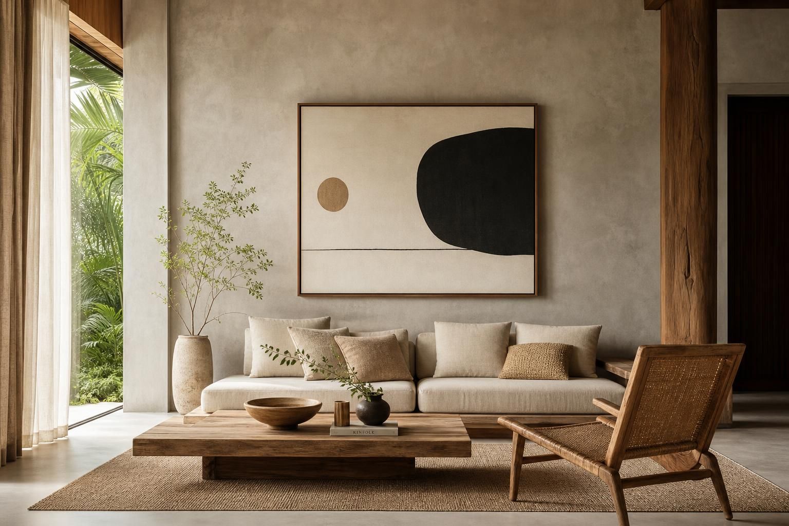 Japandi interior with contemporary art